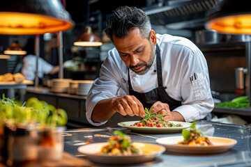 A focused chef garnishing a carefully prepared gourmet dish in a professional kitchen