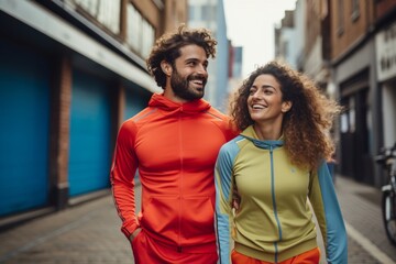 Joyful athletic couple in vibrant sportswear walking in the city