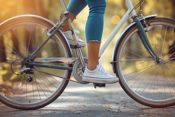 Fototapeta premium Detailed shot of a female leg on the pedal of a vintage bike surrounded by autumn vibes