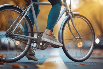 Detail shot of a person riding a bicycle focusing on the legs and bike mechanisms with fall leaves around
