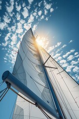 Looking up view of a sailboat's tall sails filled with wind on a bright sunny day, showcasing the beauty of sailing