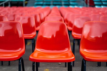 An image depicting empty shiny red plastic seats arranged in multiple rows within a section of a stadium or arena