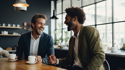 Two men laughing over coffee in a modern café setting - obrazy, fototapety, plakaty