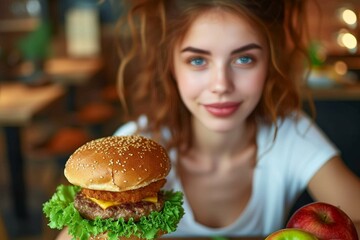Close up of a young woman holding a tempting cheeseburger, showcasing the indulgence of classic comfort food