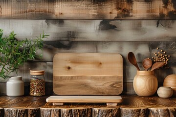 A cozy kitchen arrangement featuring wooden cutting boards, utensils, and bowls on rustic wooden shelving with plants