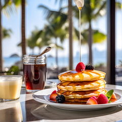 A Background with Restaurant, Honey, Pan cakes, berries, strawberries, juices