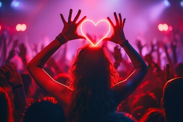 Back view of a woman in a celebratory mood with neon lit heart above her at a music event