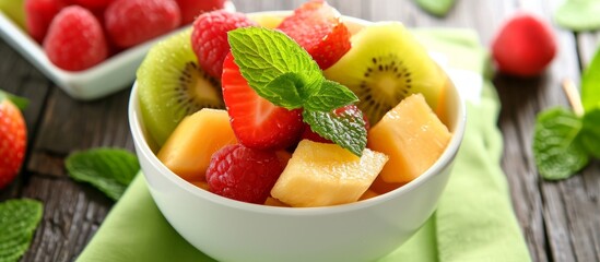 a bowl of fruit salad with strawberries , kiwi , and cantaloupe on a wooden table . High quality