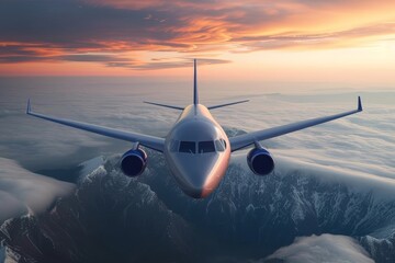 A commercial airliner soars above snow-capped peaks, illuminated by the warm hues of a sunset sky, showcasing freedom and adventure - obrazy, fototapety, plakaty