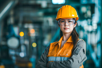 Portrait of Asian Industry maintenance engineer woman wearing uniform and safety hard hat on factory station. Industry, Engineer, construction concept.