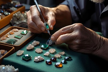An expert jeweler is carefully setting a precious green stone into an elegant jewelry mounting, surrounded by other jewels