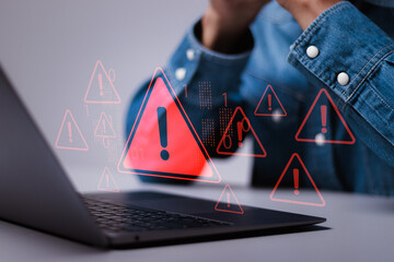 Ransomware malware attack and data breach. Spam virus with warning caution for notification on internet security protect. Person use laptop system hacked warning sign on virtual screen. - obrazy, fototapety, plakaty