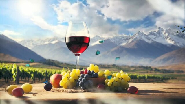 a glass of Argentine wine with the beauty of the Andes mountains, celebrating the Wine Harvest Festival, digital painting illustration style. Seamless looping 4K video animation background.