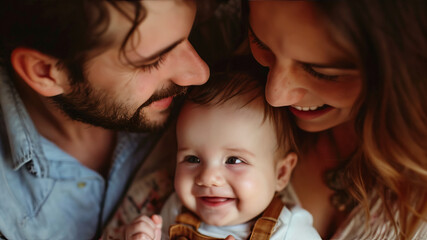 closeup Dad holding baby boy and mom trying to make him laugh