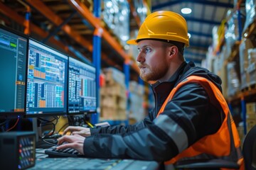 Warehouse Technology: Engineer Using Computer for Efficient Delivery Check