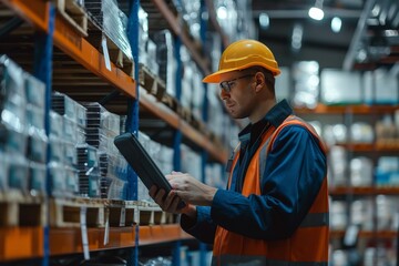 Engineer Ensuring Delivery Accuracy with Computer in Professional Warehouse Setting