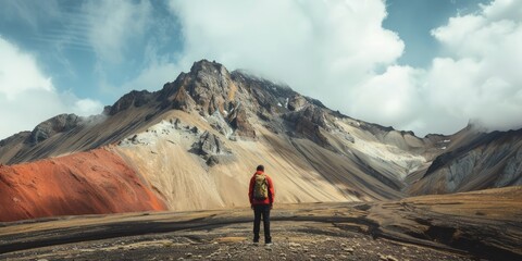 Travel Adventures: Exciting image of a person exploring a breathtaking mountain landscape, inspiring wanderlust - obrazy, fototapety, plakaty