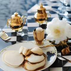 A Background with Restaurant, Chess Table, Honey, Egg less, Pan cakes, berries