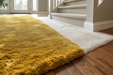 A stylish two-tone shag rug contrasting with the clean lines of a modern staircase and neutral-toned walls