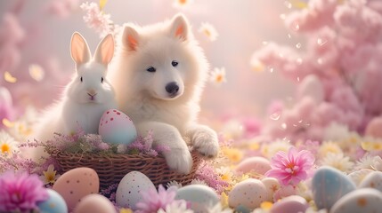 Happy Easter Holiday concept. Cute Samoyed puppy dog wearing easter bunny costume in easter basket with rabbit, flower garden background. Spring festive season greeting card banner wallpaper.