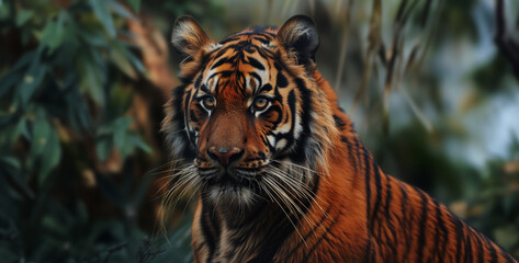 Close up of a Sumatran Tiger looking at the camera.Portrait of a tiger in the jungle. Selective focus.