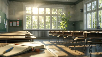 Golden sunlight streaming into an empty classroom with desks and notebooks