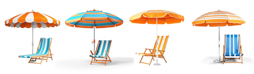 no background. one beach chair with one sun umbrella on transparency background PNG