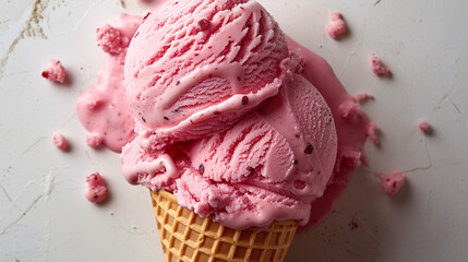 Delicious red fruit ice cream with a cone-shaped cone.
