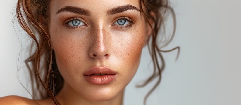 a close up of a woman s face with blue eyes and brown hair . High quality