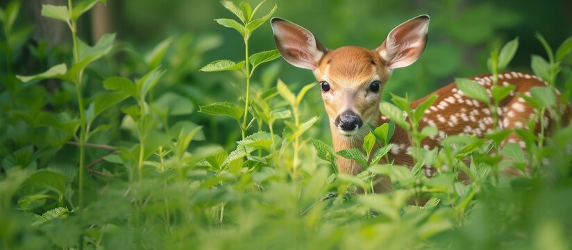 a baby deer is sitting in the grass looking at the camera . High quality