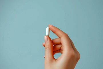 Skilfully framed, this image presents an individual's fingers gently presenting a single white pill, standing out against a calm pale blue background
