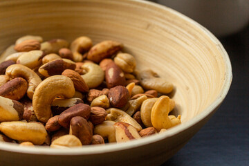 Mix of Brazil nuts, cashews and almonds in a bowl