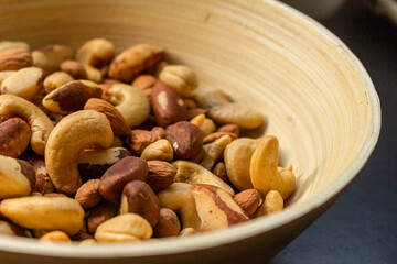 Mix of Brazil nuts, cashews and almonds in a bowl