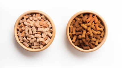 Pellets of dry food for dog and cat in the bowl, white background