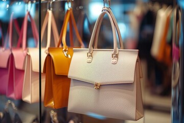 High-end beige designer handbag elegantly displayed in a luxurious shopping environment, selective...