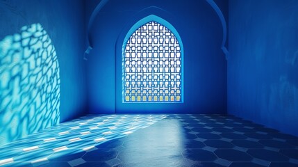 Blue room with arched window casting shadows, tranquil and architectural beauty - obrazy, fototapety, plakaty
