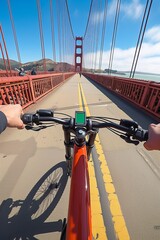 First-person perspective of a cyclist on the Golden Gate Bridge with a vibrant red bicycle © LifeMedia