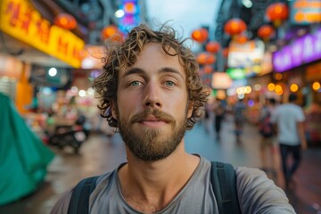Obraz premium Young man capturing himself with a smartphone on an Asian city street
