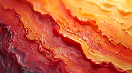 Closeup of intricate details within the swirling layers of fiery red orange and yellow paint resembling a blazing inferno.