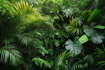 Fototapeta na wymiar A lush and vibrant display of various shades of green tropical plants, exuding a peaceful vibe