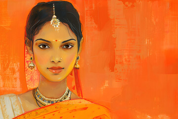 Portrait of a woman dressed in traditional Indian attire on the orange background. Copy space. Gudi Padva. Ugadi festival in India. Martahi new year concept.