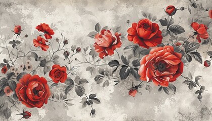 Vintage Inspired Red Flower Pattern Wallpaper - Showcasing Roses, Peonies, and Poppies Against a Faded Parchment Backdrop for a Nostalgic Charm
