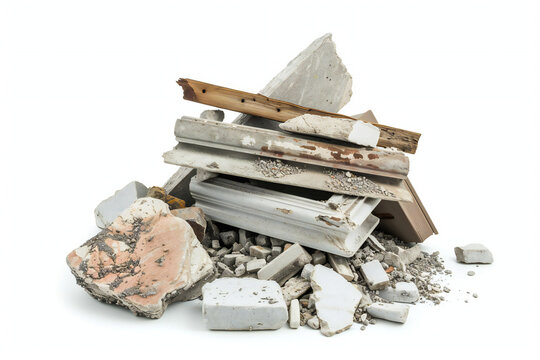 Pile shattered red bricks pieces and stone isolated on white 