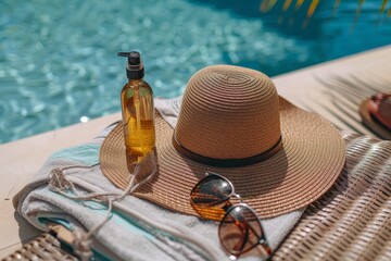 Inviting image of a sun hat, sunglasses, and sunscreen oil resting on the edge of a refreshing pool