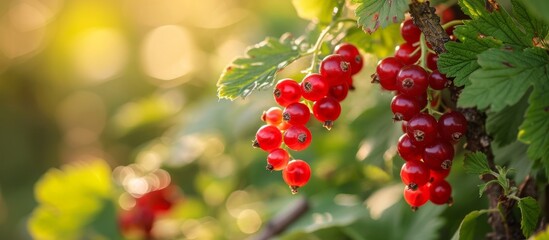 a bunch of red currants hanging from a tree branch . High quality