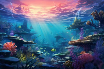 Fototapeta na wymiar Embark on a visual journey beneath the waves with an anime sea background, featuring animated ocean currents, whimsical sea creatures, Generative AI