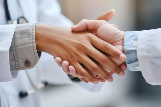 A professional, heartwarming photo of a doctor and patient exchanging a handshake, symbolizing trust and healthcare support