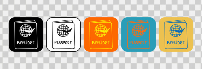 Passport document icon set collections, handdrawn outline. For logotype, clip art, symbol, sticker, or web design. 600 px X 600 px rectangular icon, vector flat illustration.