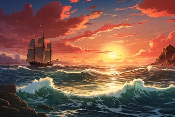 Transport your audience to an anime seascape with a background that showcases lively waves, endearing marine characters, and a sky filled with the colors, Generative AI - obrazy, fototapety, plakaty