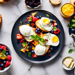 A Background with Restaurant, Egg, Pan cakes, Fruits, berries